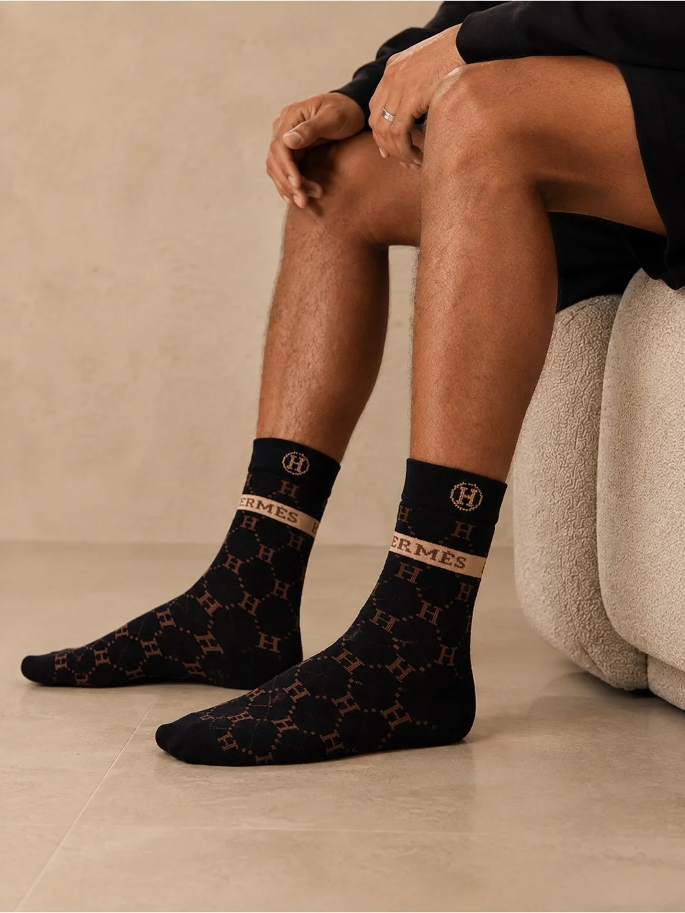 Hermes Black & Brown Monogram Crew Socks
